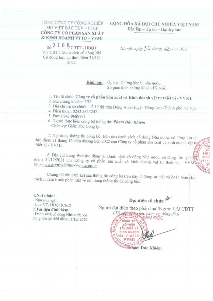 CBTT ( Danh sách cổ đông nhà nước cổ đông lớn tại thời điểm 31/12/2022)