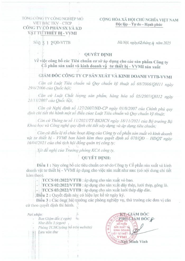 Công bố các tiêu chuẩn cơ sở áp dụng cho các sản phẩm Công ty cổ phần sản xuất và kinh doanh VTTB - VVMI sản xuất