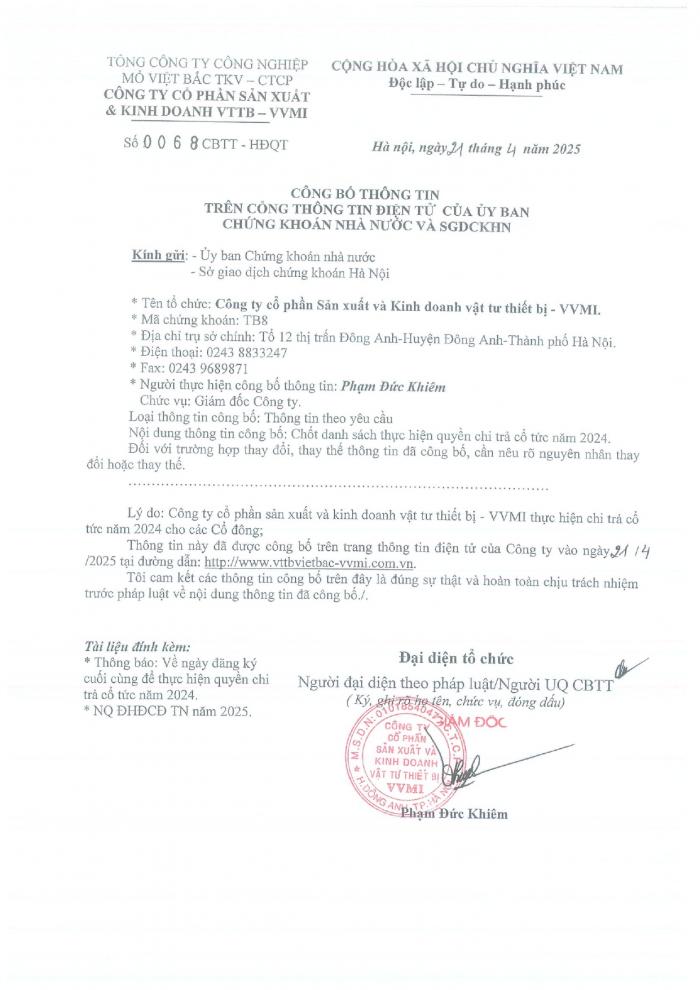 CBTT ( Chốt danh sách thực hiện quyền chi trả cổ tức năm 2024)