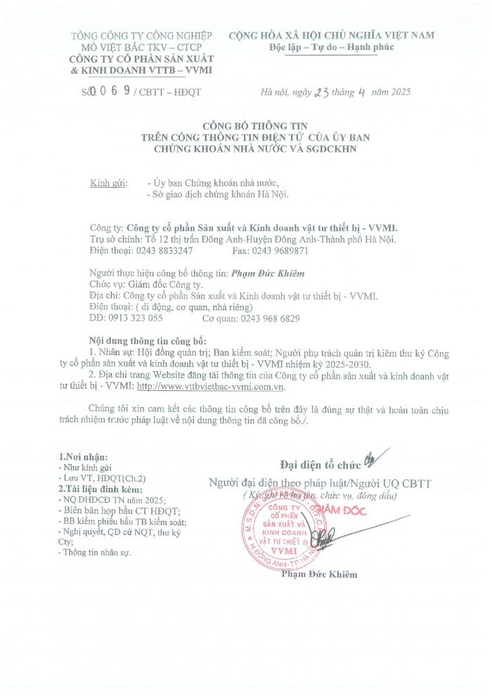 CBTT Nhân sự Chủ tịch HĐQT, Trưởng BKS Cty