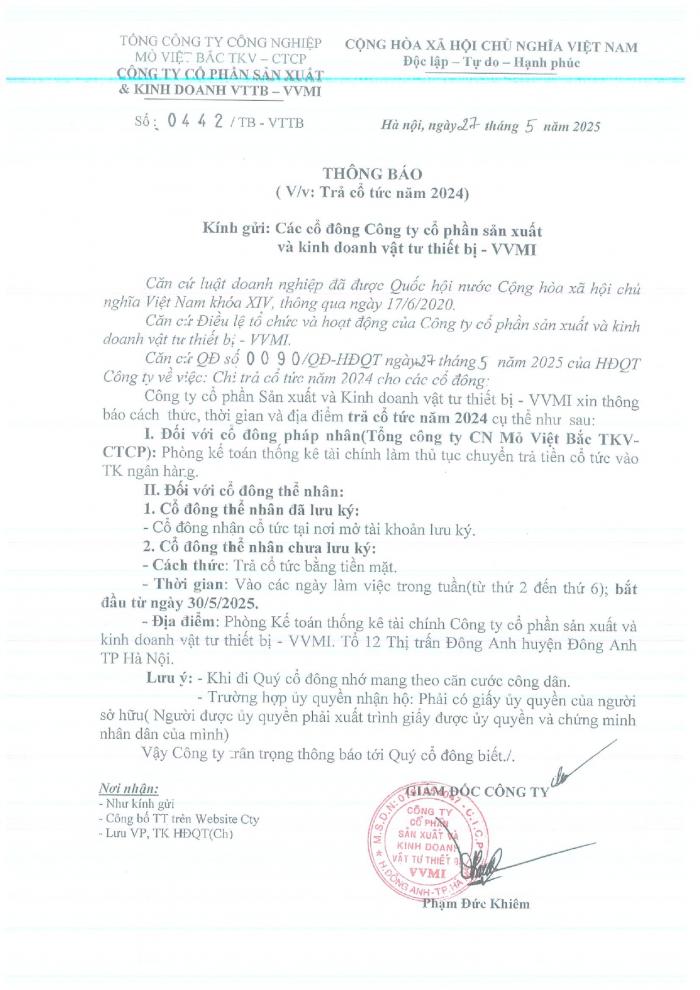 Công bố thông tin Thông báo trả cổ tức năm 2024