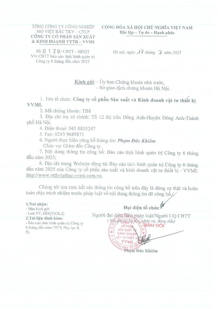 CBTT báo cáo tình hình quản trị công ty 6 tháng đầu năm 2025