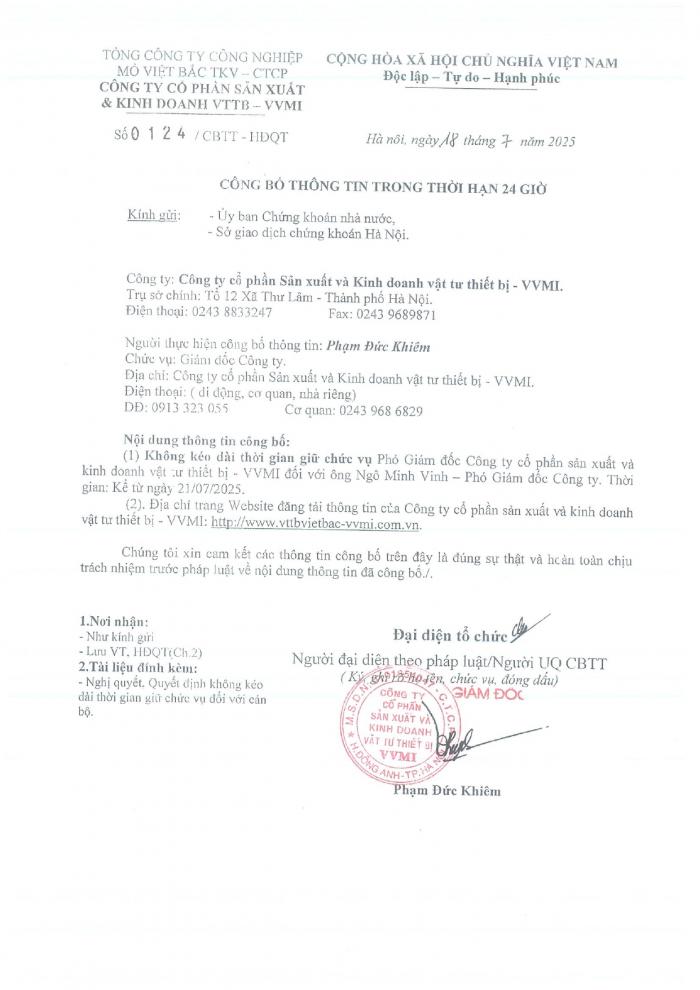CBTT trong thời hạn 24 giờ ( Không kéo dài thời gian giữ chức vụ PGĐ Cty đối với Ô Ngô Minh Vinh kể từ ngày 21/7/2025)