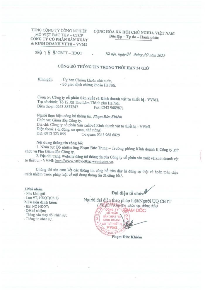 Công bố thông tin V/v Thay đổi nhân sự