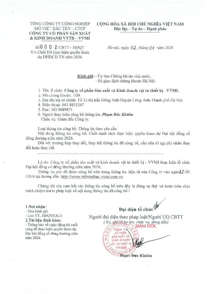 CBTT Chốt danh sách thực hiện quyền tham gia dự ĐH ĐCĐ TN Năm 2026