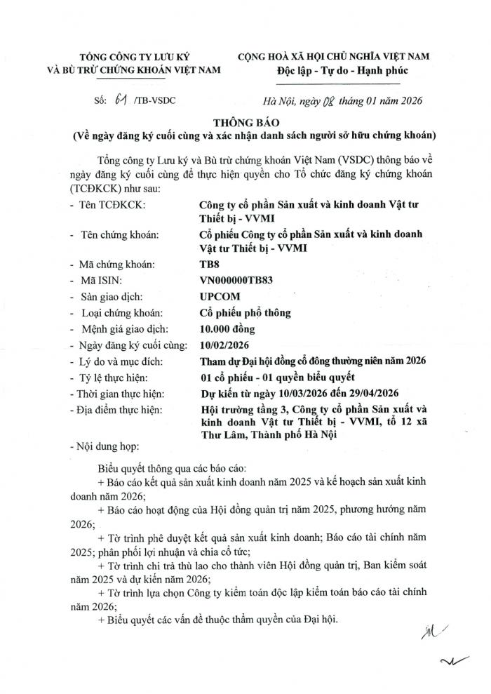Thông báo về ngày đăng ký cuối cùng và xác nhận danh sách người sở hữu chứng khoán