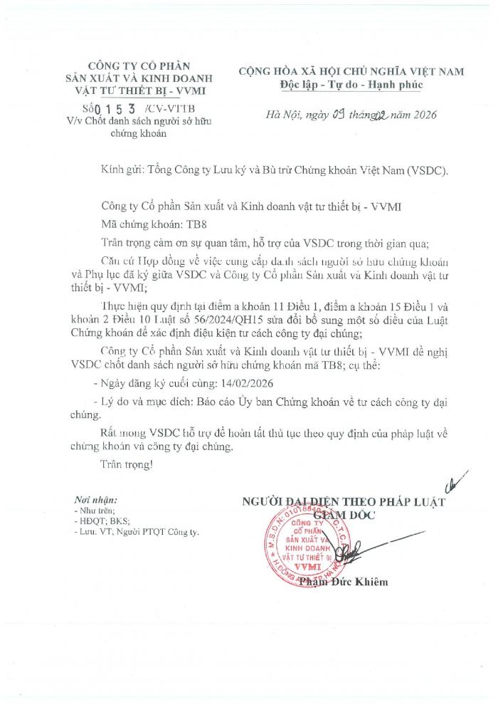 CBTT Chốt danh sách người sở hữu chứng khoán