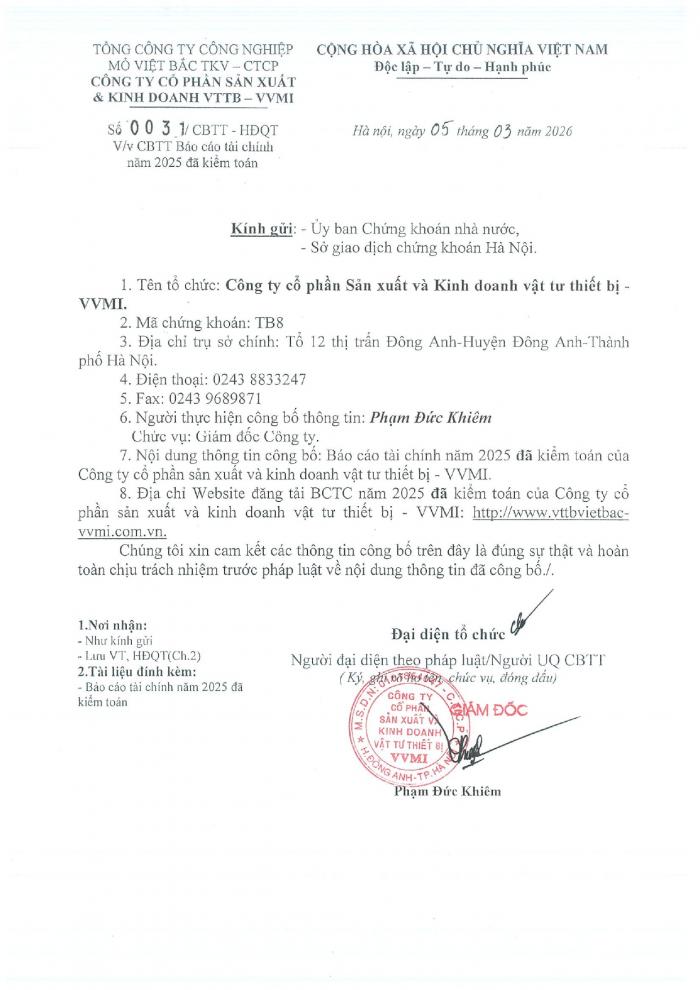 CBTT báo cáo tài chính năm 2025 đã kiểm toán