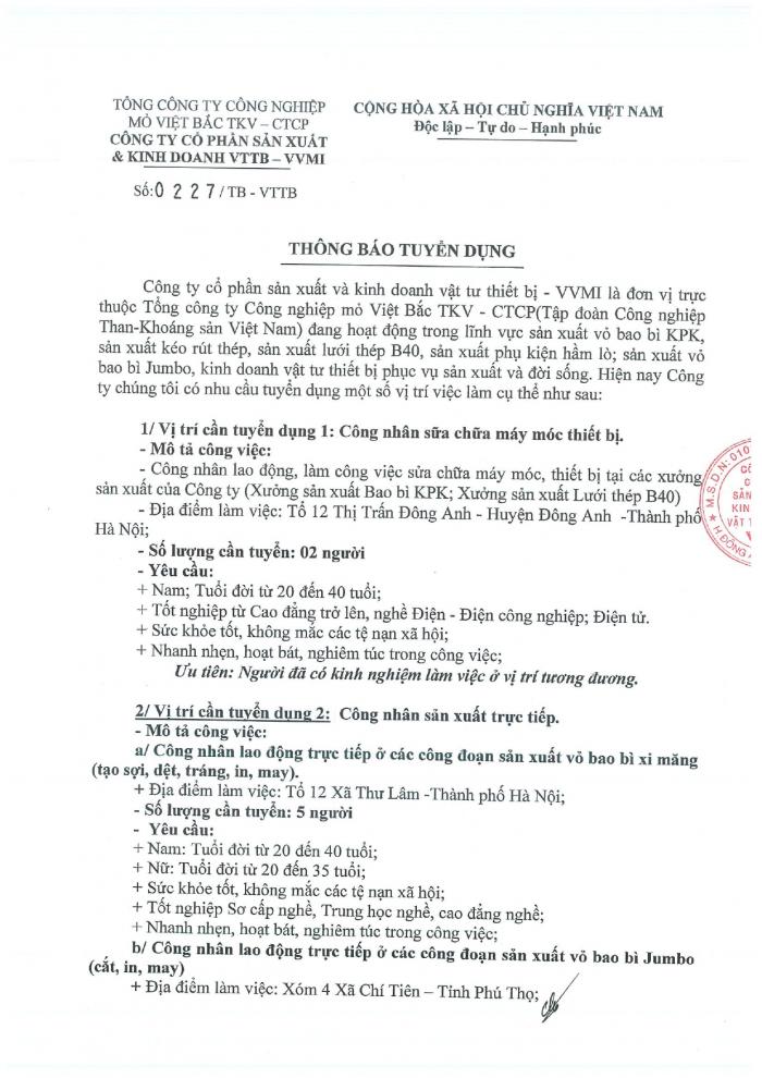 Thông báo tuyển dụng lao động