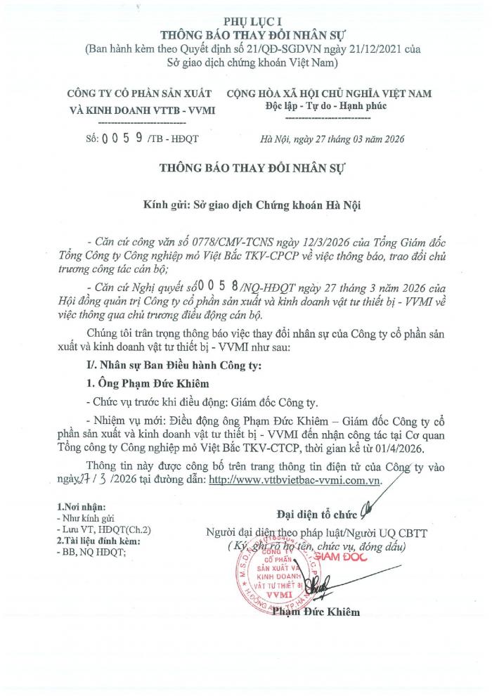 Thông báo thay đổi nhân sự - Điều Động Cán Bộ