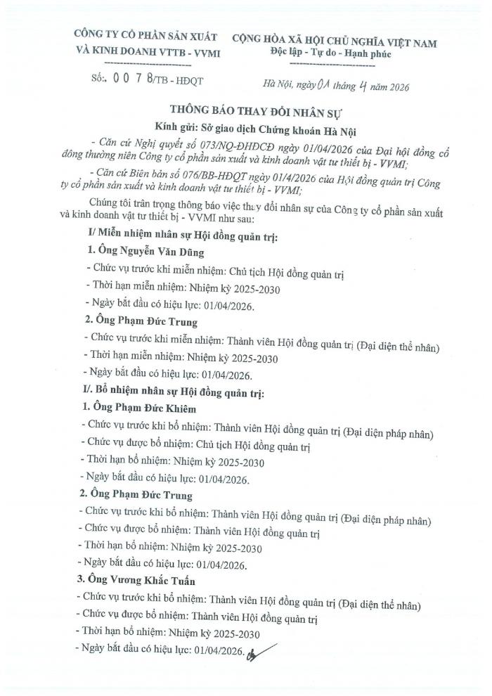 Thông báo thay đổi nhân sự