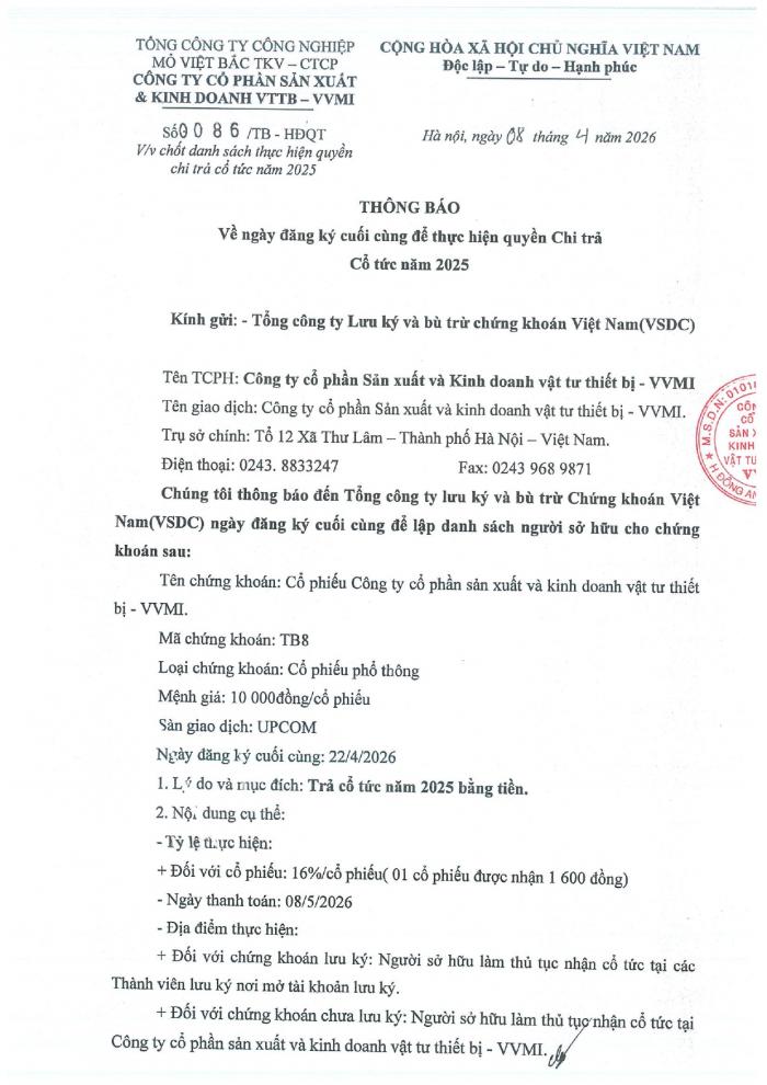 Chốt danh sách thực hiện quyền chi trả cổ tức năm 2025