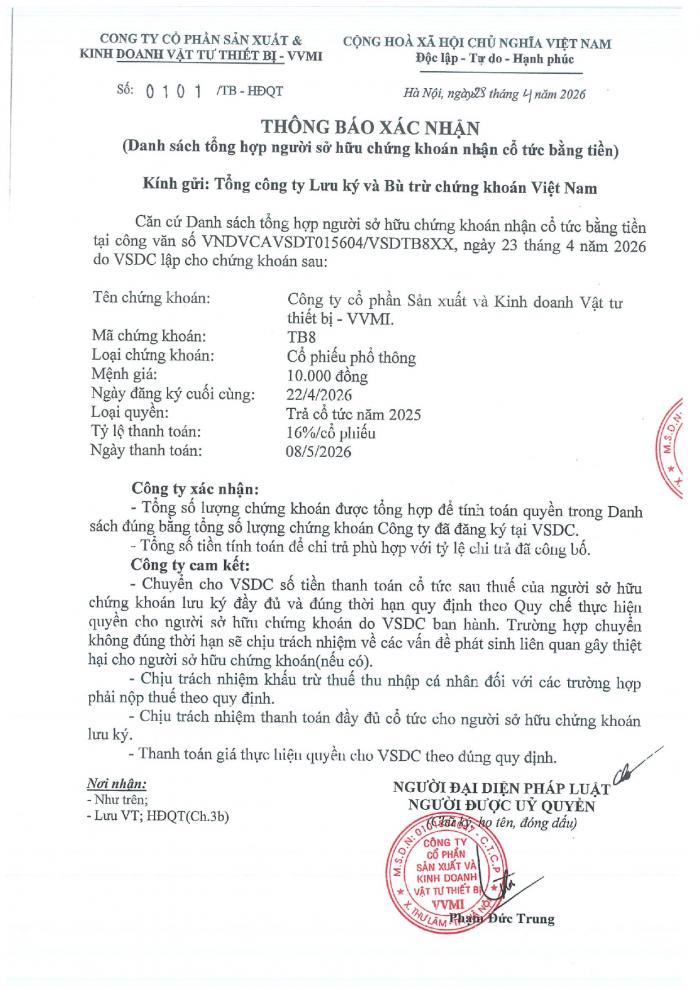 Chi trả cổ tức năm 2025 cho các cổ đông